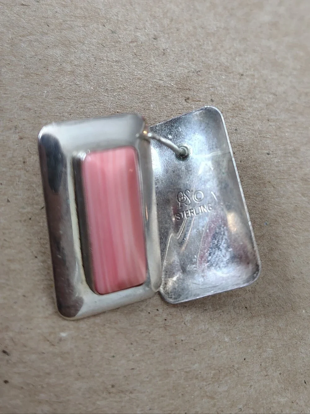 Pink Rectangular Stone Silver-Tone Stud Earrings - Women Jewelry